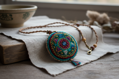 amulette en tissus. cousu a la main, collier 