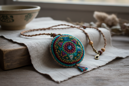 amulette en tissus. cousu a la main, collier 